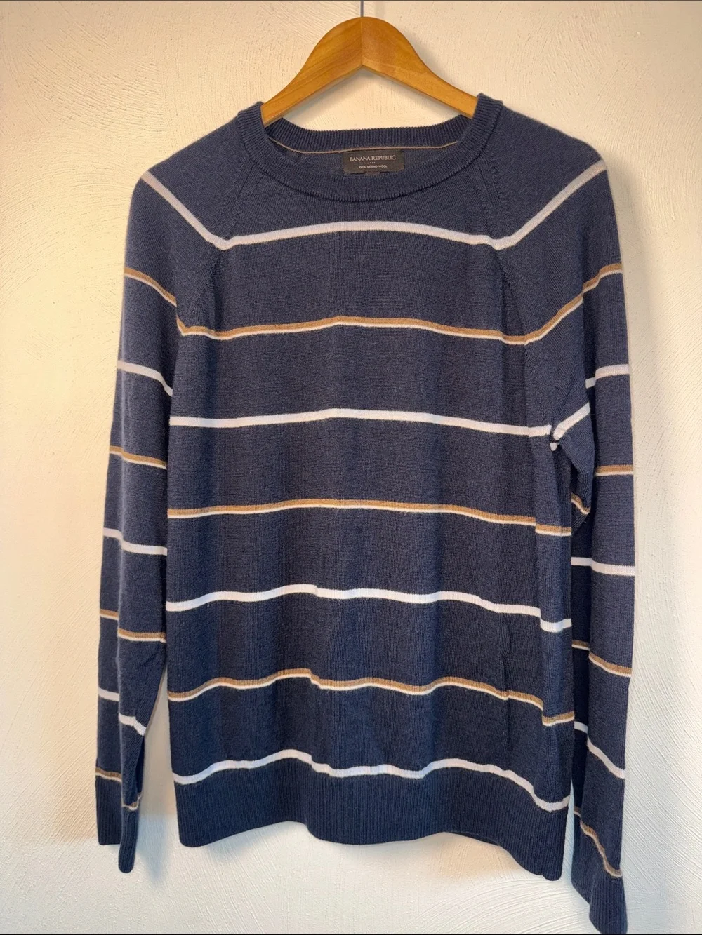 Banana Republic Navy Crewneck Sweater with White and Tan Stripes
